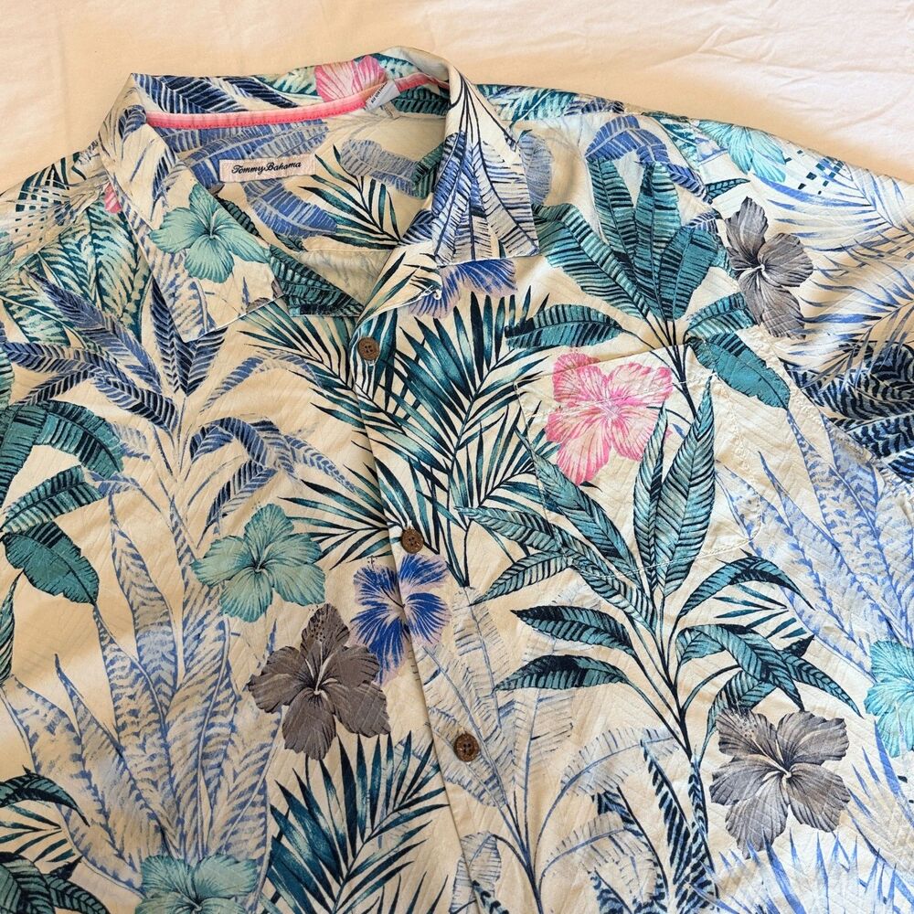 Tommy Bahama Mens XXL Hawaiian Silk Camp Shirt Floral Palm Tropical Aloha